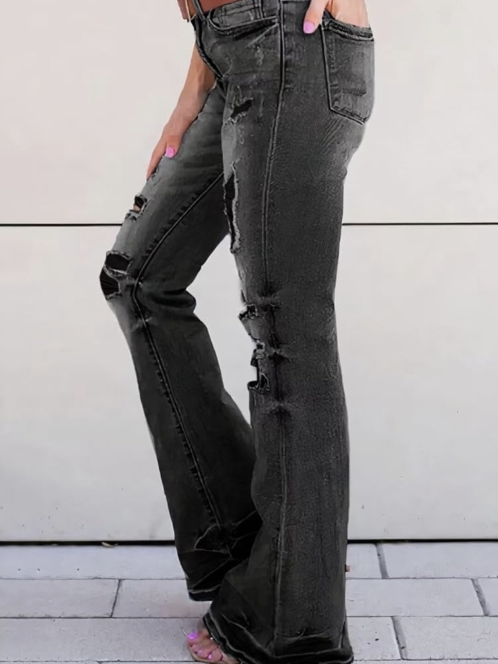 High-Rise Distressed Flare Jeans - Black - Picture 2 of 15